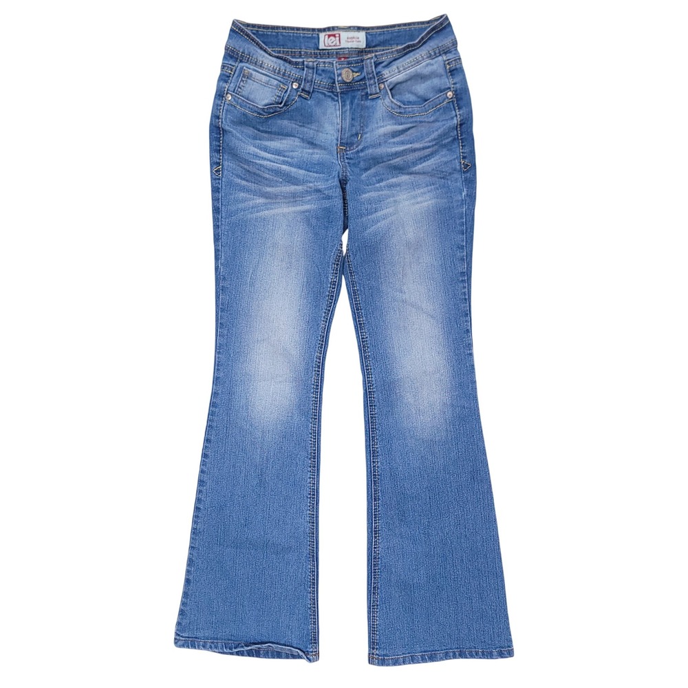 LEI Sophia Hipster Flare Jeans Blue Medium Wash Low Rise Embroidered Size 3 Reg